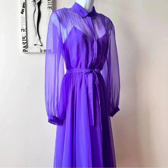 Vintage 60s Purple Chiffon Sheer Long Sleeve Pintuck Dress Size 12 - Picture 6 of 16